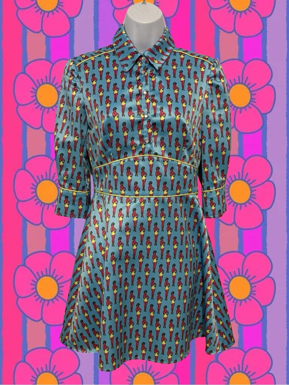 Jeremy Scott Blue Mini Dress with Pinup Print and Yellow Trim